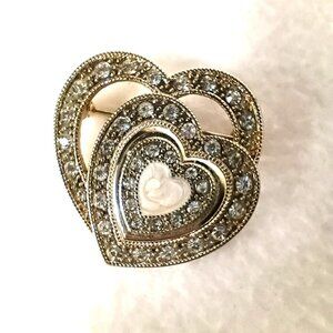 VTG Double Heart Gold Tone Imitation CZ Brooch Pin Costume Jewelry 90's